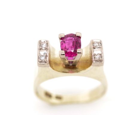 Ruby and diamond set 14ct yellow gold ring marked 585 14k . Approx weight 5.45 grams (140747)