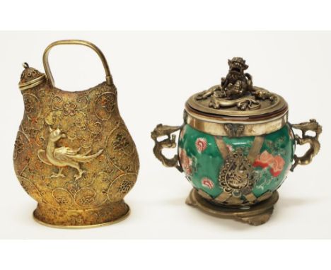 Chinese ornamental ceramic lidded bowl silvered lid, handles, and base, to floral decorated green ceramic bowl, character mar