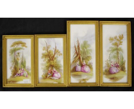 Set four framed hand painted ceramic plaques two pairs, each depicting a classical scene of figures in a garden, (14cm X 7cm 