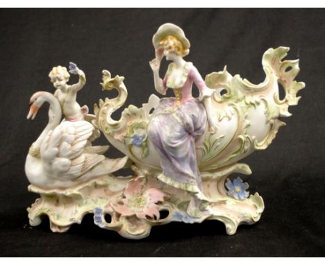 Vintage Czech ceramic Figural bowl decorative classical scene of Woman with Swan and Cupid, supporting bowl, on applied flora