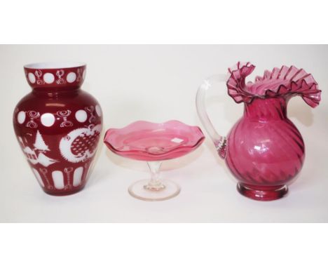 Ruby glass comport and jug together with a Bohemian red cased glass vase, height 20.5cm approx (tallest)