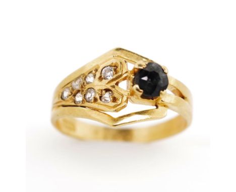 Sapphire and spinel set yellow gold ring with Egyptian gold marks. Approx weight 3.8 grams, ring size R-S. Tests as 20ct