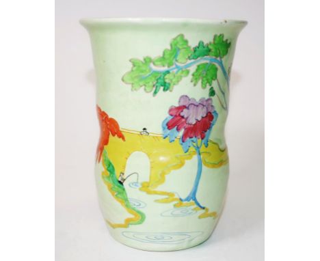 Good Clarice Cliff 'Bizarre' mantle vase decorated with hand painted scene of a River Fisherman at a Bridge,  marked to base,