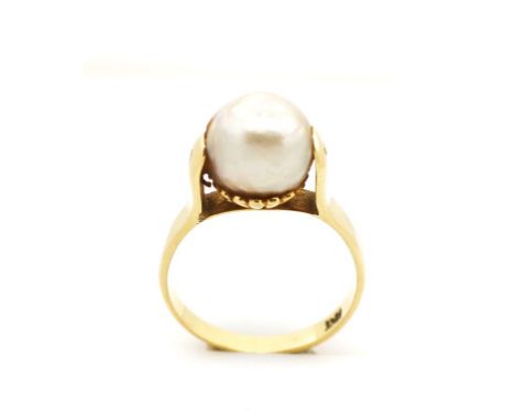 Pearl set 18ct yellow gold ring marked 18ct. Approx total weight  4.3 grams, ring size M-N. Restoration to pearl