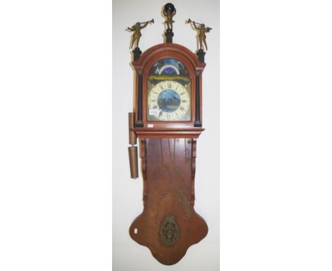 Vintage Dutch wood cased wall clock hand painted dial of Dutch windmill scene, three cast decorative figures to pediment, wei