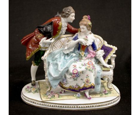 Capodimonte ceramic Courting Couple figure hand painted decoration to Seated Woman and Man in classical scene, marked to base