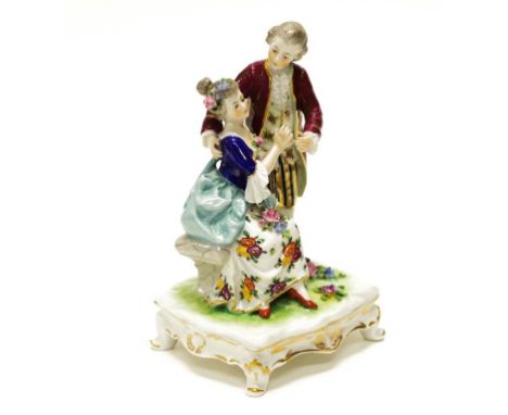 Italian Naples ceramic Courting Couple figure seated Woman with Standing Courtier, each with hand painted decoration, on quad
