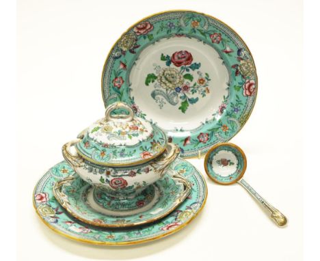 Antique five piece 'Java' pattern dinnerware including lidded sauce tureen with matching ceramic serving ladle, with under pl