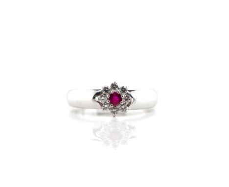 Ruby, diamond and 18ct white gold ring Marked 750. Approx weight 4.94 grams, ring size M.