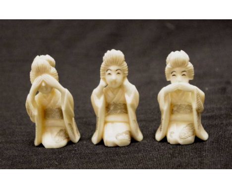 Three Japanese carved ivory geisha figures depicting see no evil, speak no evil hear no evil, C1930's, height 5cm approx (tal