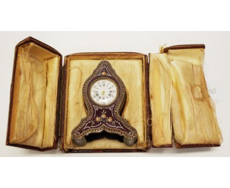 Miniature silver &amp; guilloche enamel carriage clock with ornate hand painted floral decoration,the underside of the case i