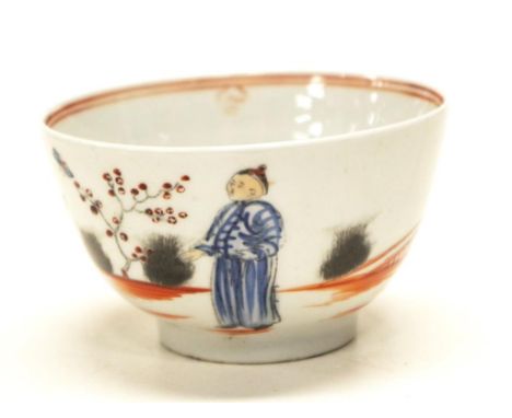Antique Newhall ceramic tea bowl hand painted Chinoiserie figure decorated, (height 5cm, diameter 8.5cm approx).
