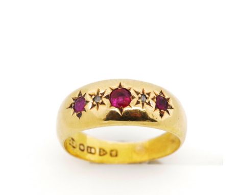 Edwardian 18ct yellow gold, ruby and diamond ring marked 1907 Chester makers mark rubbed. Approx weight 2 grams, ring size N