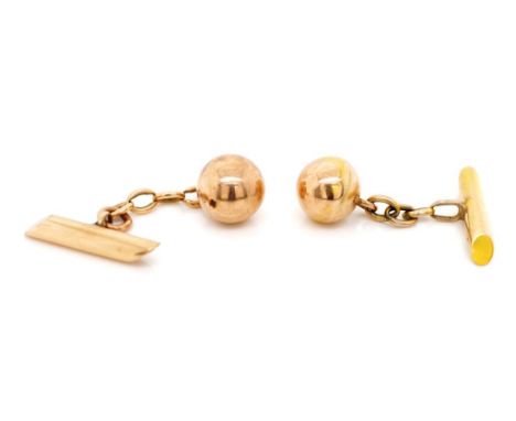 Early 20th C. 9ct rose gold cufflinks with rubbed 9ct marks on ball finial, bar and chain links. Approx weight 4.1 grams