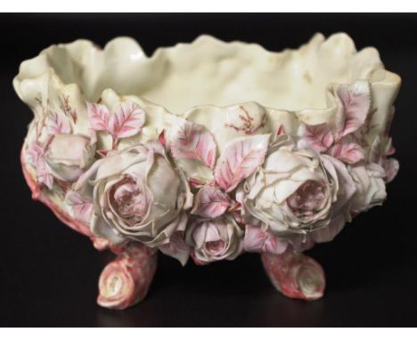 Vintage Continental floral encrusted ceramic  bowl applied blossom decoration to bowl, quad-footed, marked to base, (height 1