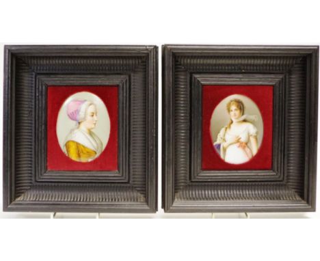 Pair vintage portrait miniatures on porcelain each a portrait of a Woman, on oval shape porcelain, inset to plush border, in 