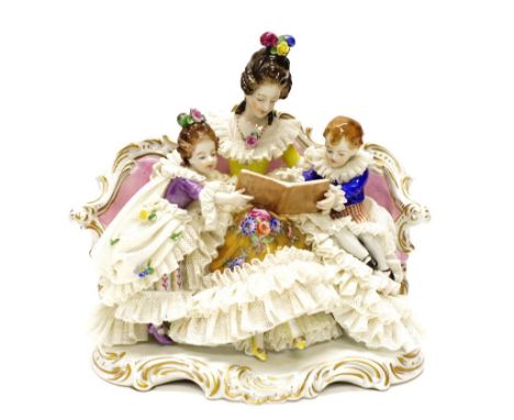 Good Dresden ceramic figure Mother &amp; Children figure of Mother reading to two Children, applied lace and floral decoratio