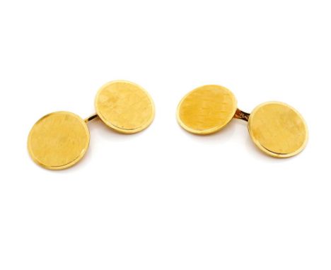 18ct yellow gold cufflinks with engine turned round shield and bar links. Marked 750. Approx weight 7.0 grams