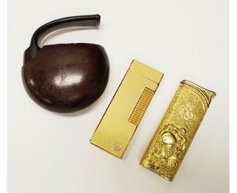 Dunhill gold plated cigarette lighter together with one other vintage lighter and a travelling pipe