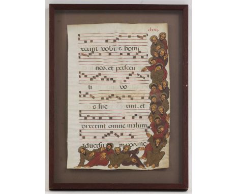 Illuminated Manuscript page from a church sanctuary, C17/18 century, with figures around two borders. Mounted, framed &amp; g