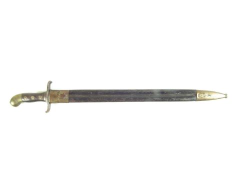 German Artillery short sword, by Weyersberg Solingen, with leather and brass scabbard bearing unit marks,  77cm long