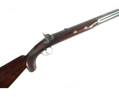 Harrison of Norwich 4 bore percussion wildfowling gun, with 41 inch Damascus barrel fitted with folding leaf backsight, with 