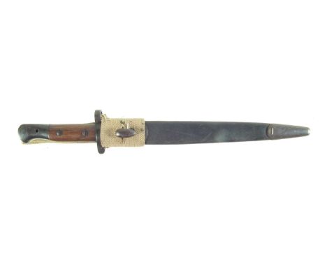 British 1903 pattern bayonet and scabbard, fitted with canvas frog, the blade marked Sanderson Sheffield.44cm long 