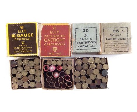 Collection of vintage shotgun ammunition, to include an unopened 12 bore War time broad arrow LG box of 25 cartridges, an ope