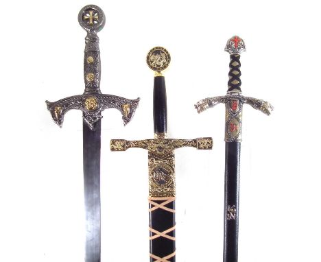 Three modern replica broad swords, to include Excalibur and scabbard, a Knights Templar sword of the east, and a Richard 1st 