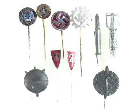 Ten German Third Reich and other stick pin badges, including a sea mine badge, bomber badge, DHV 25 (National Association of 