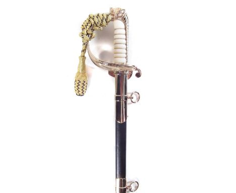 Modern replica of a British Naval officer's dress sword and scabbard, with lion head pommel and folding guard.98cm long 