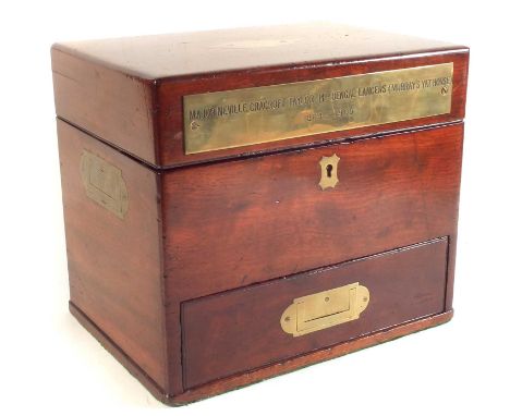 Victorian mahogany travelling apothecary cabinet, applied with brass plaque (probably later) reading Major Neville Cracroft T
