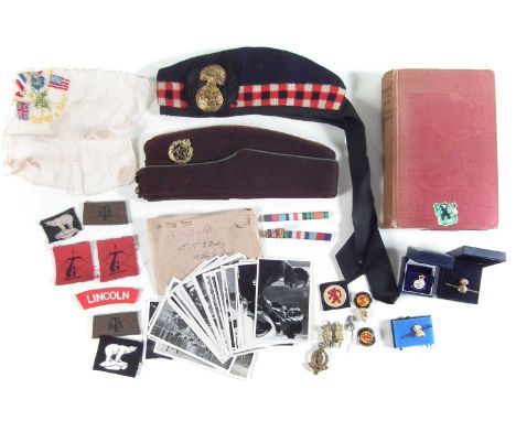 Collection of military items, to include a Royal Highlanders Glengarry, an ATs cap and various patches, sweetheart broach, me