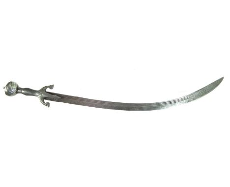 Persian Tulwar sword, with triple fullered curved blade, sculpted grip, guard and pommel, and proof marked blade. 89cm overal