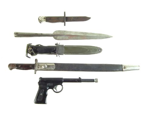 Two bayonets, including an American M8A bayonet scabbard and from, a 1908 SMLE bayonet and scabbard, trench knife converted f