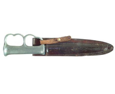 Robbins of Dudley WWI Trench Knife, with original scabbard, the double-edged blade set into cast knuckle duster type grip sta