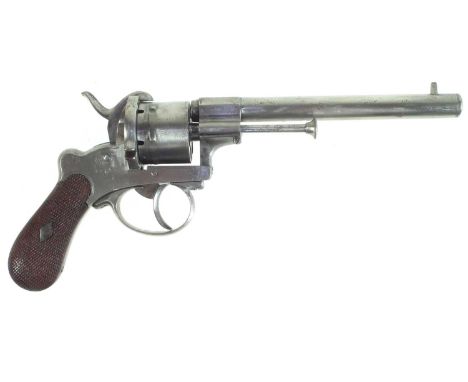 9mm pinfire revolver, double action only, 6.25 inch barrel, six shot cylinder, Birmingham proof marks throughout, scroll engr