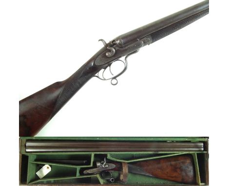 E. M Reilly cased 12 bore side by side shotgun, serial number 16830, black powder proof only, the 30 inch Damascus barrels en