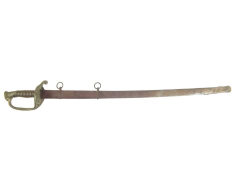 French Mle.1845 pattern sabre and scabbard, with double fullered blade, horn grip and pierced brass guard.96cm long 