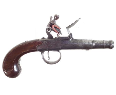 Queen Anne Flintlock pistol by Richards, 50 bore 2 inch turn off cannon barrel, scroll engraved action fitted with sliding tr