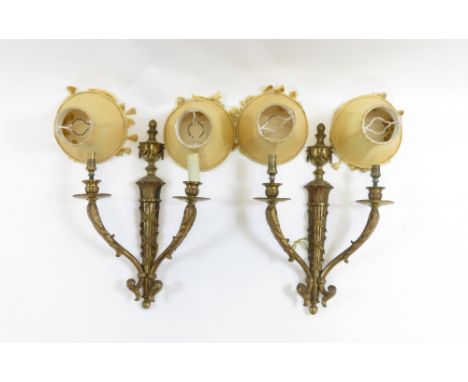 A pair of two branch Forbes and Lomax style wall mounted light fittings, each 43cm high, with associated shades
