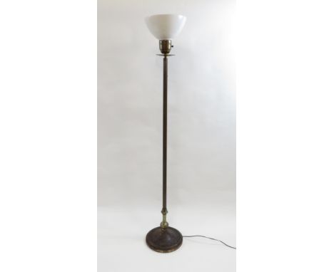 A 20th century standard lamp with reeded stem and circular base, possibly American, with milk glass shade, 158cm high includi