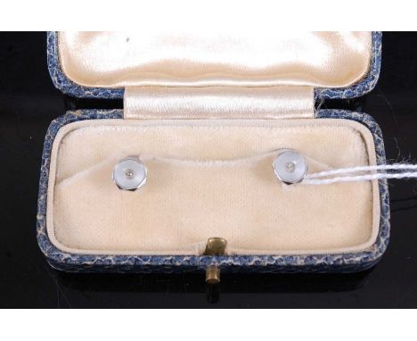 A cased pair of Art Deco 18ct white gold, mother of pearl and diamond point set collar studs, 2.6g