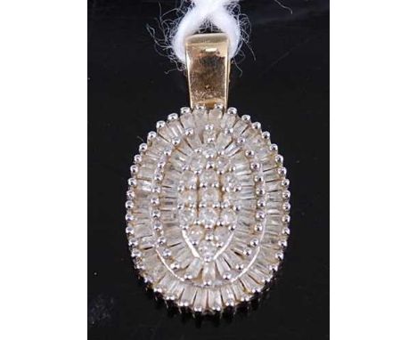 A modern 9ct gold diamond set pendant, arranged as three rows of small brilliant and baguettes, 1.5g, 15mm (excluding bale)
