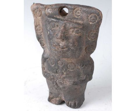 A talismanic hollow form double sided figure in standing pose with impressed decoration, Mayan style, pre-Columbian, h.18cm.