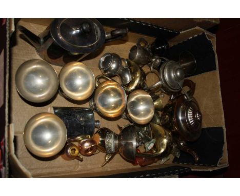 A box of miscellaneous metalware to include pocket hip flask, teapot, spirit burner and a silver lustre teapot &amp; cover et