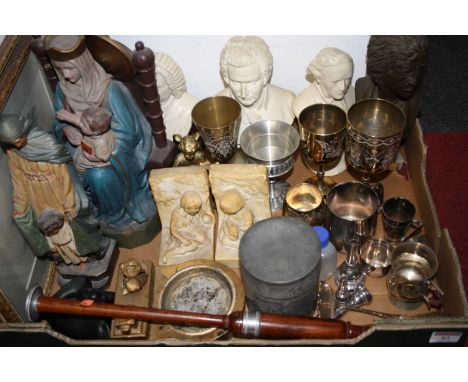 A box of miscellaneous items to include a Parian style portrait bust of Mozart on a socle base, signed Giannelli, painted pla