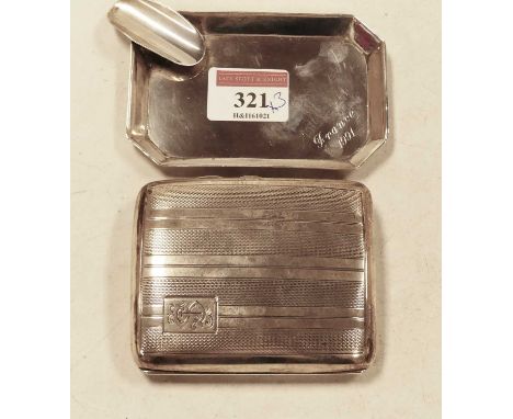 A George V silver pocket cigarette case, having engine turned decoration; together with silver ashtray, of canted rectangular