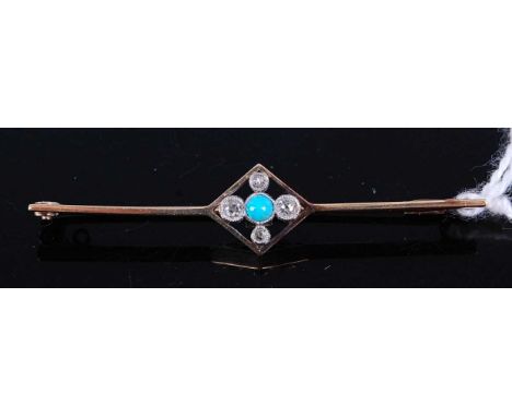 An Art Deco 15ct gold, turquoise and diamond point set bar brooch, 2.9g, 52mm
