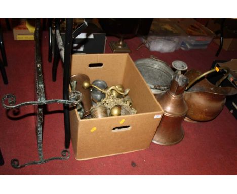 A collection of various metalware, to include a copper fire screen, copper coal bin, brass candlesticks etc 